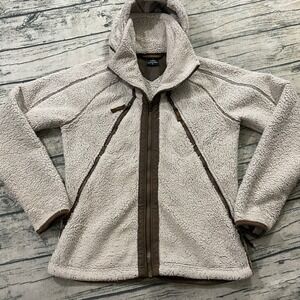 Kuhl Avina Flight Jacket Womens M Beige Deep Pile Fleece Full Zip Hooded Sweater